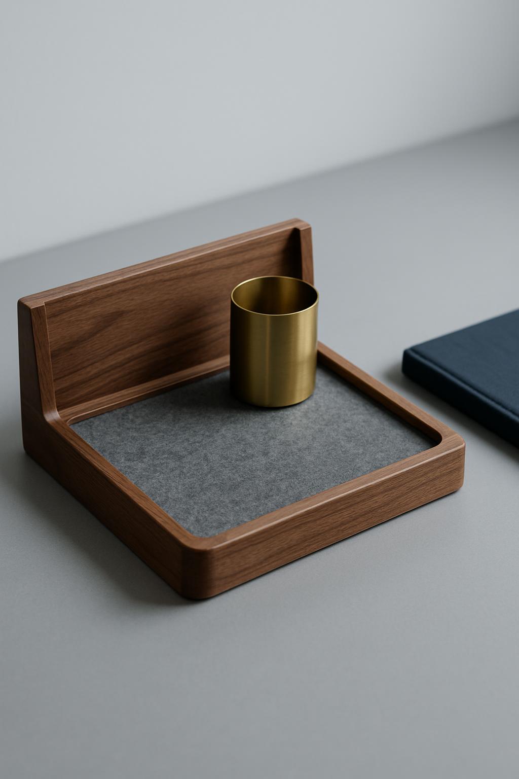 Walnut desk shelf with a felt mat and a brass pen cup on a matte grey desk